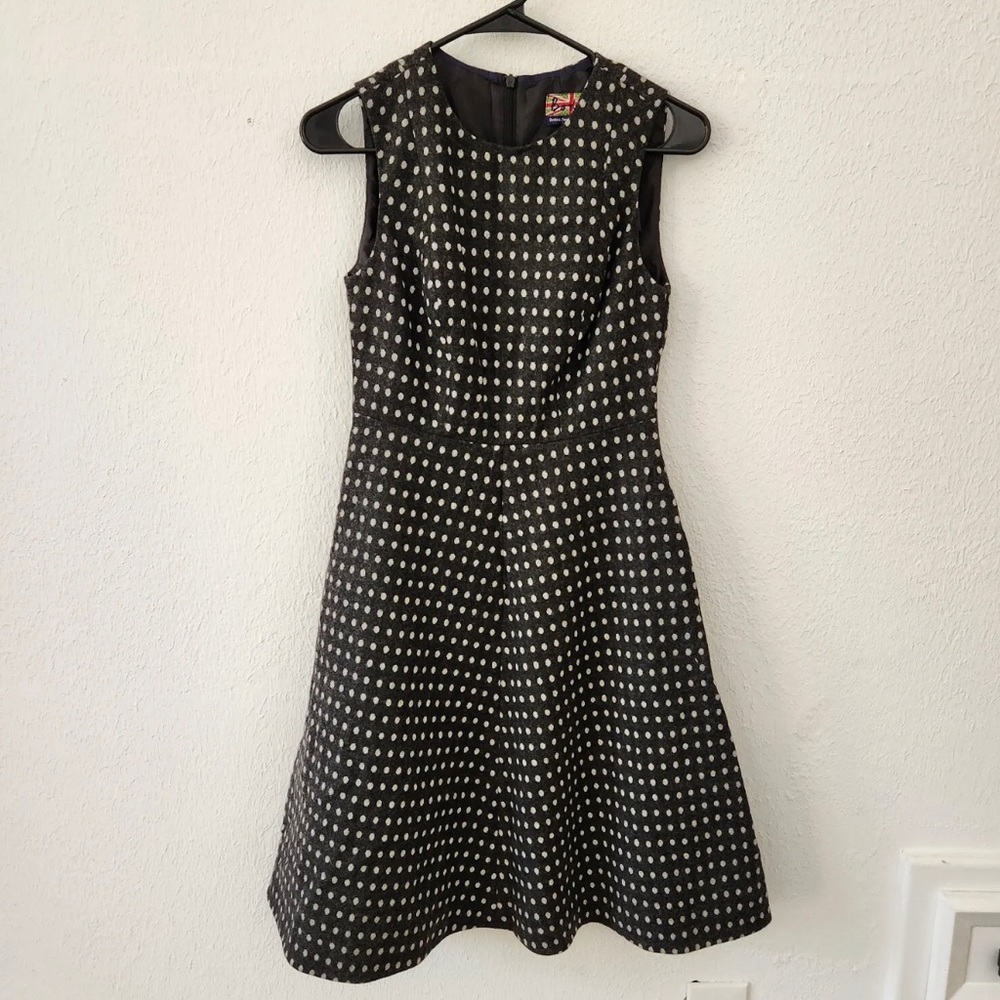 Boden British Tweed by Moon Dress Fit and Flare Size 4P Polka Dot Charcoal Cream